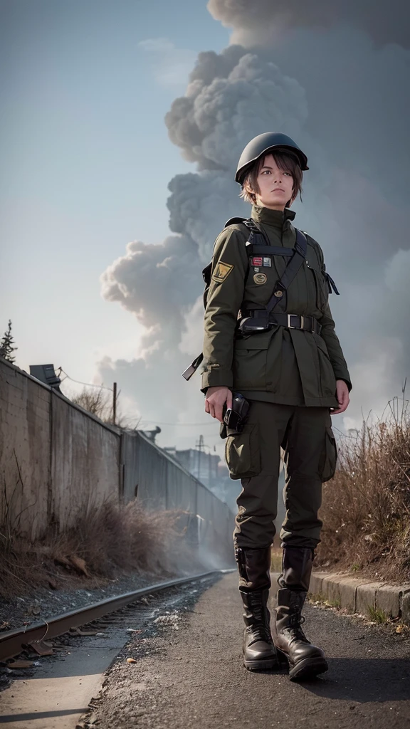 Un soldat en tenue de combat moderne, couvert de boue et de sang, se trouve au milieu d'un champ de bataille dévasté. Ses yeux sont écarquillés par la terreur, et son visage est marqué par la fatigue et le désespoir. Autour de lui, des explosions illuminent le ciel sombre, et des débris volent dans toutes les directions. Des traces de fumée et des flammes s'élèvent des véhicules militaires en feu. En arrière-plan, on peut voir d'autres soldats courir pour se mettre à l'abri, certains blessés, d'autres portant des camarades. Le ciel est lourd de nuages sombres, ajoutant à l'atmosphère oppressante de la scène. La lumière des explosions et des incendies crée des contrastes dramatiques sur le visage du soldat, accentuant son expression de profonde horreur.