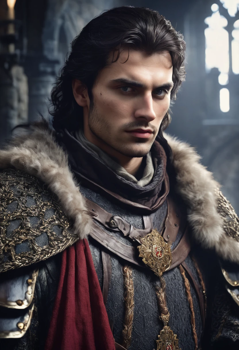 1 man, inside a dark medieval castle, wearing king's clothing in dark, medieval colors, detailed facial features, masculine eyes, detailed light skin, medium-length dark hair, strong and serious expression, dramatic lighting, cinematic composition, cold and dark, atmospheric fog, handsome face, thin chin, handsome man, masculine and handsome, 25 years old (best quality, 4K, 8K, high resolution, art: 1.2), ultra-detailed, (realistic, photorealistic, photorealistic: 1.37 )