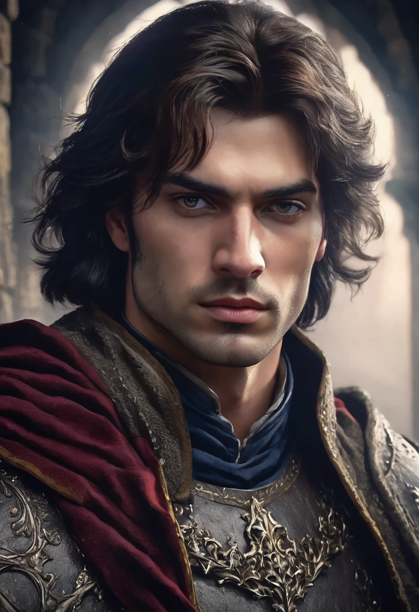 1 man, inside a dark medieval castle, wearing king's clothing in dark, medieval colors, detailed facial features, masculine eyes, detailed light skin, medium-length dark hair, strong and serious expression, dramatic lighting, cinematic composition, cold and dark, atmospheric fog, handsome face, thin chin, handsome man, masculine and handsome, 25 years old (best quality, 4K, 8K, high resolution, art: 1.2), ultra-detailed, (realistic, photorealistic, photorealistic: 1.37 )