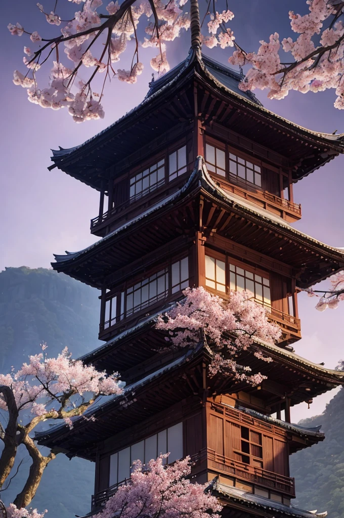 sakura tree, japanese castle, purple lighting, HDR, 4k resolution