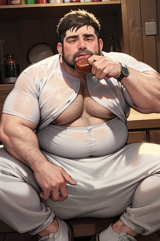 An obese man,eating sausages with his hsnds  grease and sweat dripping from his face, a dog sits at his feet licking the grease, while his hot buxom with watches him in disgust.