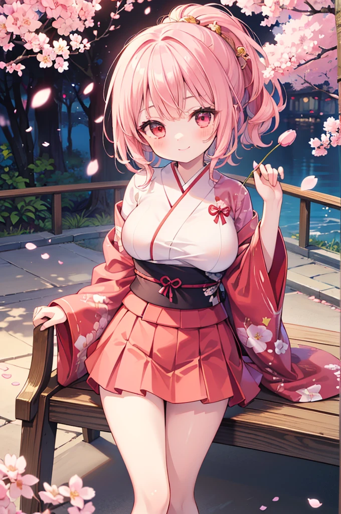 ((Masterpiece)),((high resolution)),((Best Quality)),Anime illustration,(((1girl))),,(wavy hair),(short hair),(pale pink hair color),small ponytail,Red eyes,(Big round eyes),((tareme)),,((loli face)),ry big breasts)),Short stature,,kimono,mini skirt,smile,Ladylike,cherry blossoms,