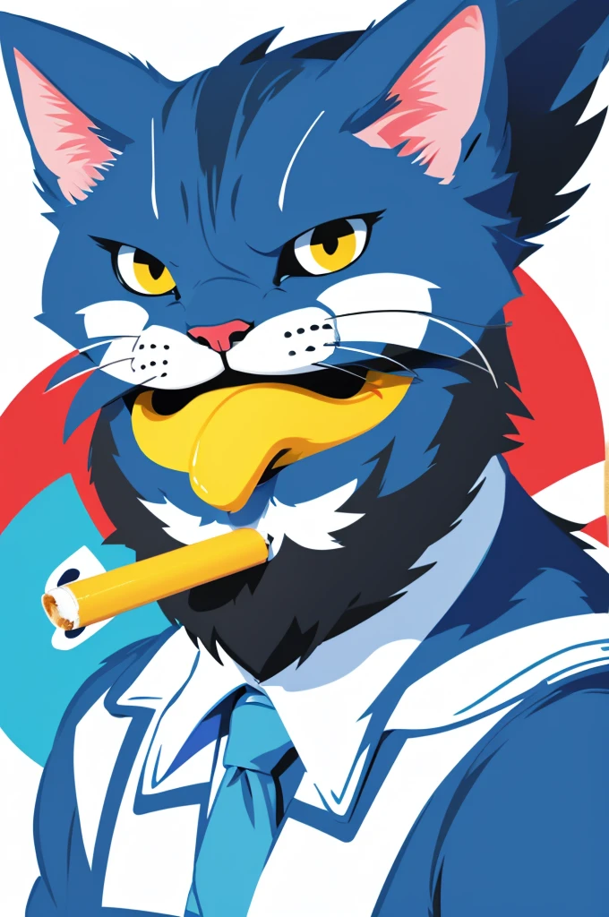 big、Draw a stylized blue cat character with expressive eyes。The character has a noticeable pout、A cigarette is inserted at an angle in his mouth.。With a white beard、Red collar with yellow bell。The overall style is bold outlines and vibrant colors.、Sticker and emblem impressions