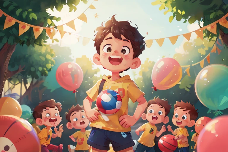 A boy, cute, playing with other boys ball, many balloons, happy, happy, perfect quality, clear focus (clutter - home: 0.8), (Masterpiece: 1.2) (Realistic: 1.2) (bokeh) (best quality) ( detailed skin: 1.3) (intricate details) (8k) (eyes detail) (sharp focus), (happy)