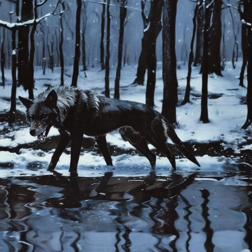 defragment wolf in water, red winter forest background
