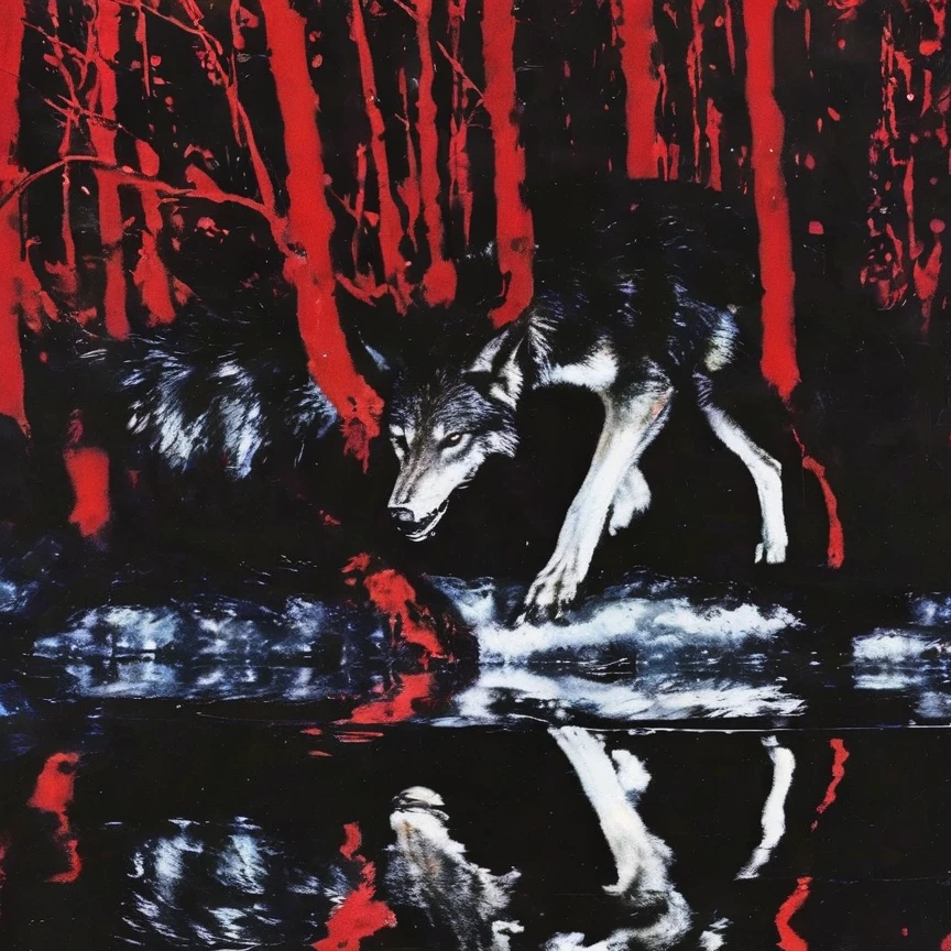 defragment wolf in water, red winter forest background