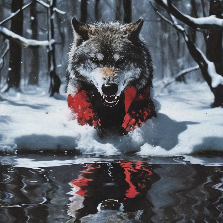 defragment wolf in water, red winter forest background