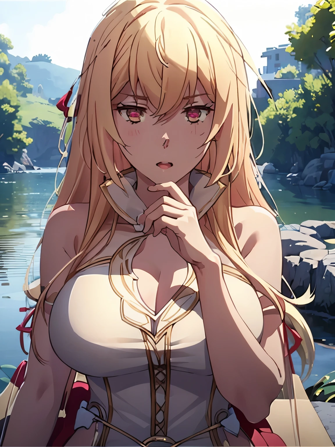 Masterpiece, best quality, highly detailed, highres, 8K, natural lighting, 1 girl, blonde hair, ruby eyes, large breast, she wet, sexy pose, camera from under, outdoor, (Full body shot:1.1), detailed finger shape, the number of fingers is not excessive
