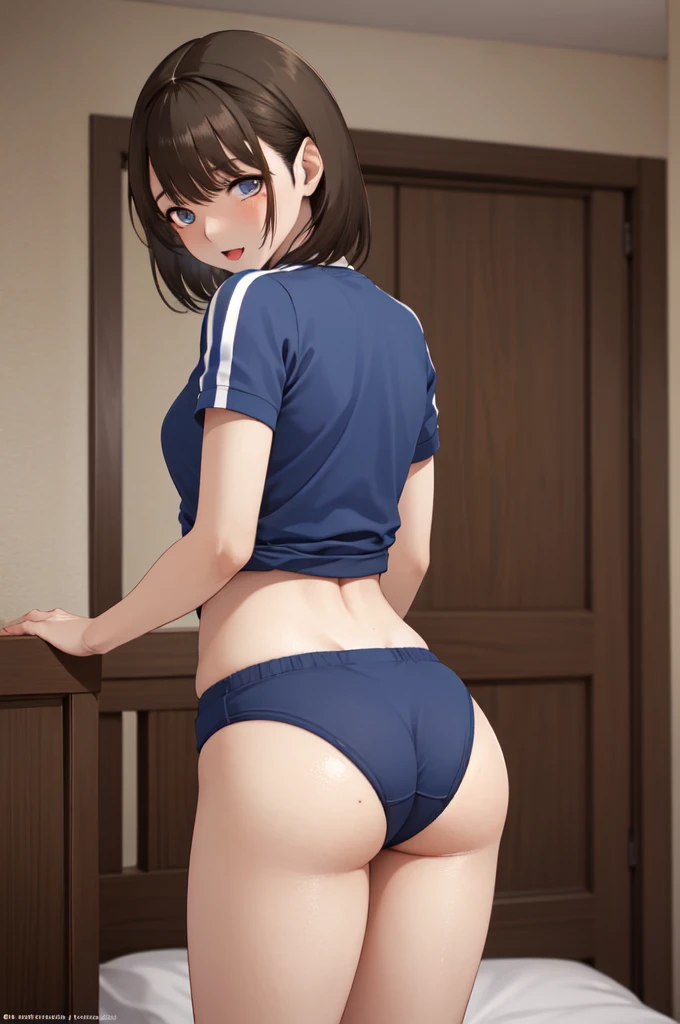 masterpiece, best quality, highres,aanene, short hair,(buruma:1.2),gym uniform, ass shot, cowboy shot, bed room,ahegao,steam,