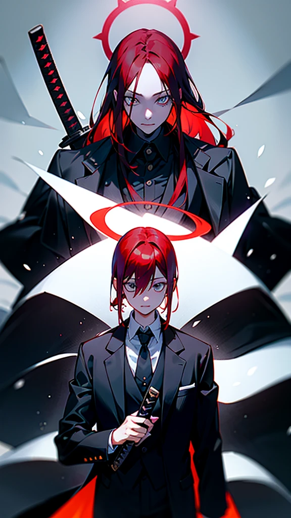 Makima from chainsaw man wearing a katana, wearing black and white formal clothes and a black overcoat with a halo with a red and magical aura, Makima has red hair