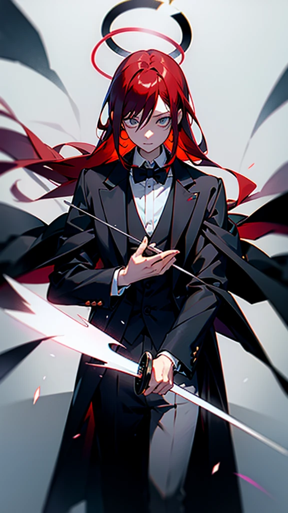 Makima from chainsaw man wearing a katana, wearing black and white formal clothes and a black overcoat with a halo with a red and magical aura, Makima has red hair