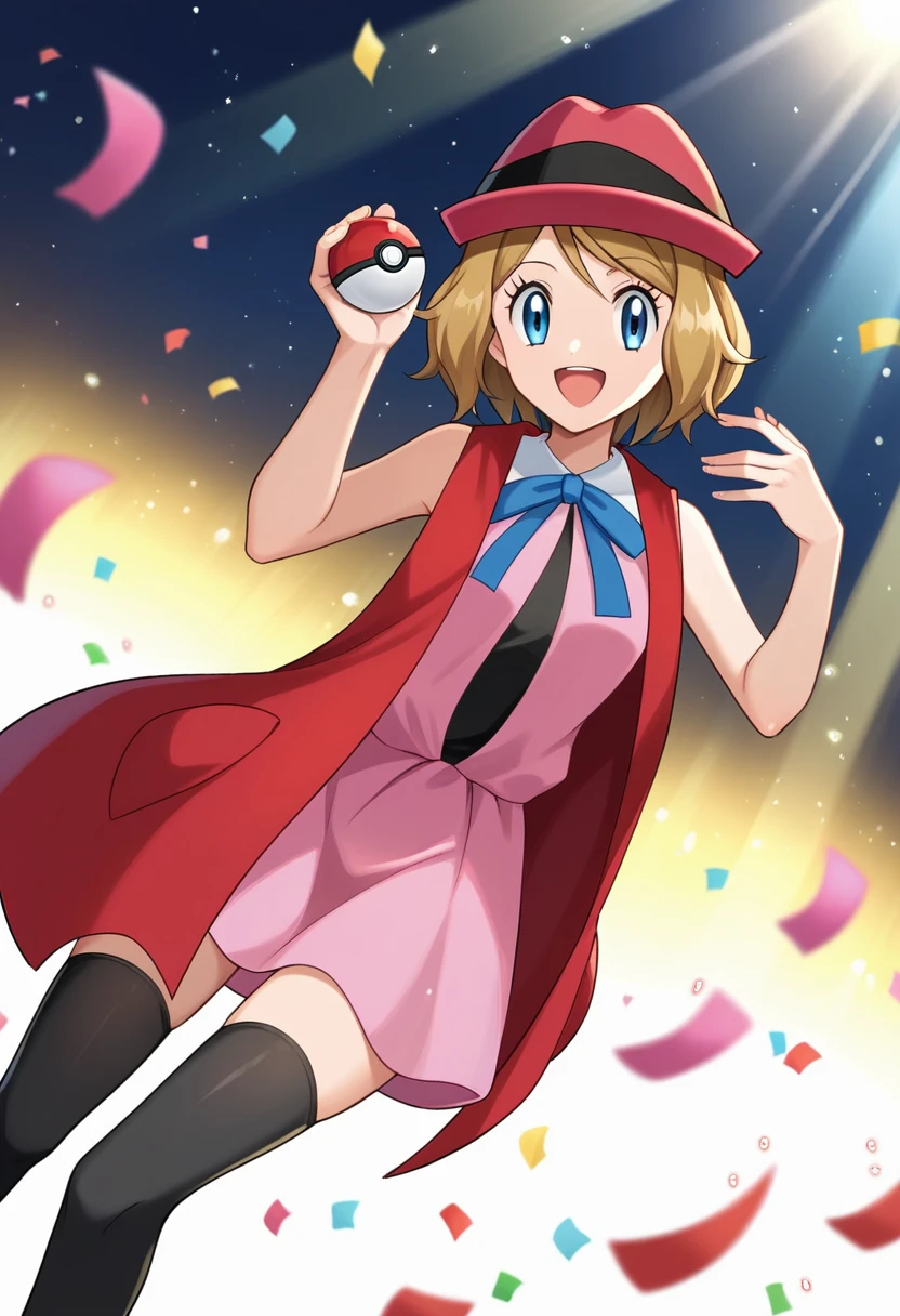 score_9, score_8_up, score_7_up, source_anime, rating_safe, BREAK serena \(pokemon\), 1girl, blue eyes, eyelashes, short hair, blonde hair, hat, neck ribbon, blue ribbon, pink shirt, sleeveless, bare arms, red jacket, pink skirt, black thighhighs, dutch angle, hand up, smile, happy, open mouth, holding poke ball, light particles, light rays, dutch angle, aura, backlighting, confetti, light particles, light rays, stage, stage lights, spot light