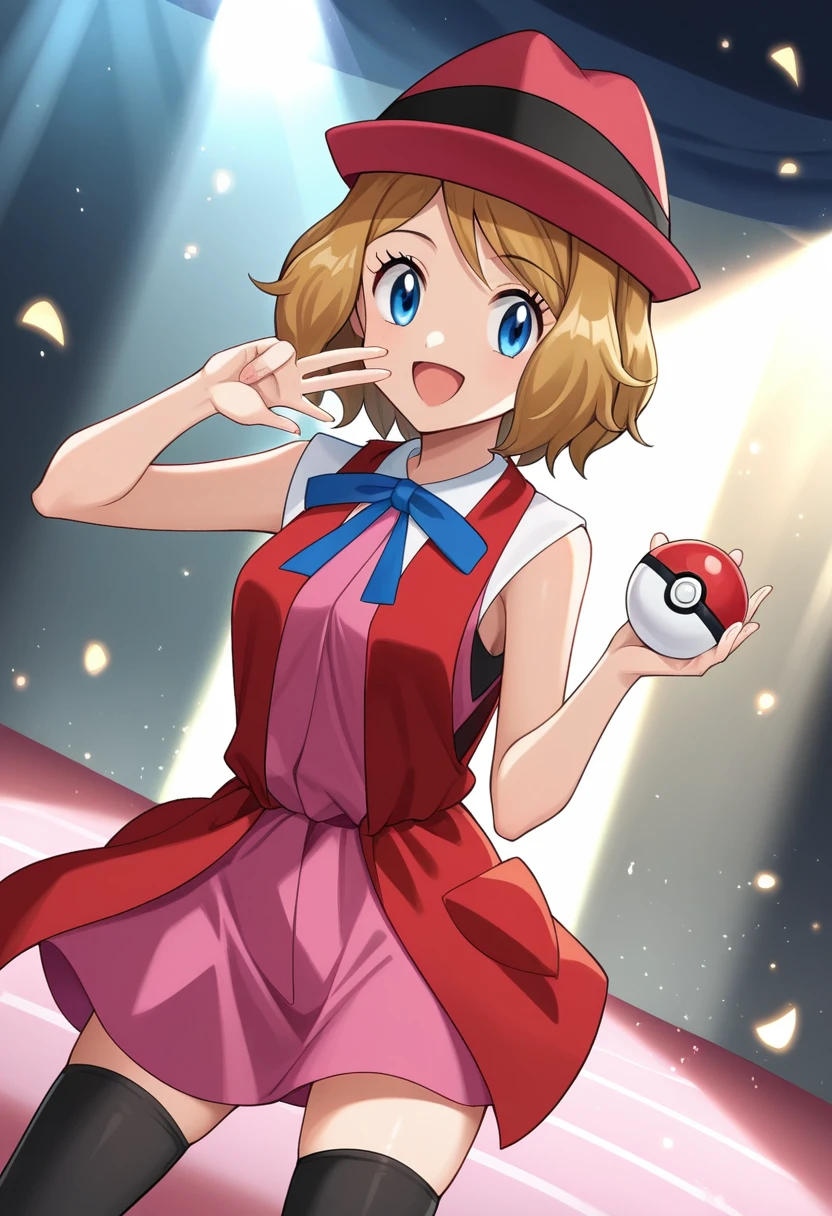 score_9, score_8_up, score_7_up, source_anime, rating_safe, BREAK serena \(pokemon\), 1girl, blue eyes, eyelashes, short hair, blonde hair, hat, neck ribbon, blue ribbon, pink shirt, sleeveless, bare arms, red jacket, pink skirt, black thighhighs, dutch angle, hand up, smile, happy, open mouth, holding poke ball, light particles, light rays, dutch angle, aura, backlighting, confetti, light particles, light rays, stage, stage lights, spot light