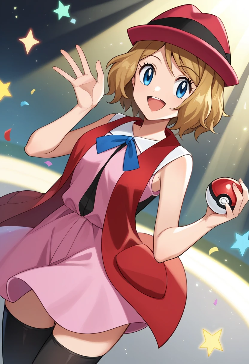 score_9, score_8_up, score_7_up, source_anime, rating_safe, BREAK serena \(pokemon\), 1girl, blue eyes, eyelashes, short hair, blonde hair, hat, neck ribbon, blue ribbon, pink shirt, sleeveless, bare arms, red jacket, pink skirt, black thighhighs, dutch angle, hand up, smile, happy, open mouth, holding poke ball, light particles, light rays, dutch angle, aura, backlighting, confetti, light particles, light rays, stage, stage lights, spot light