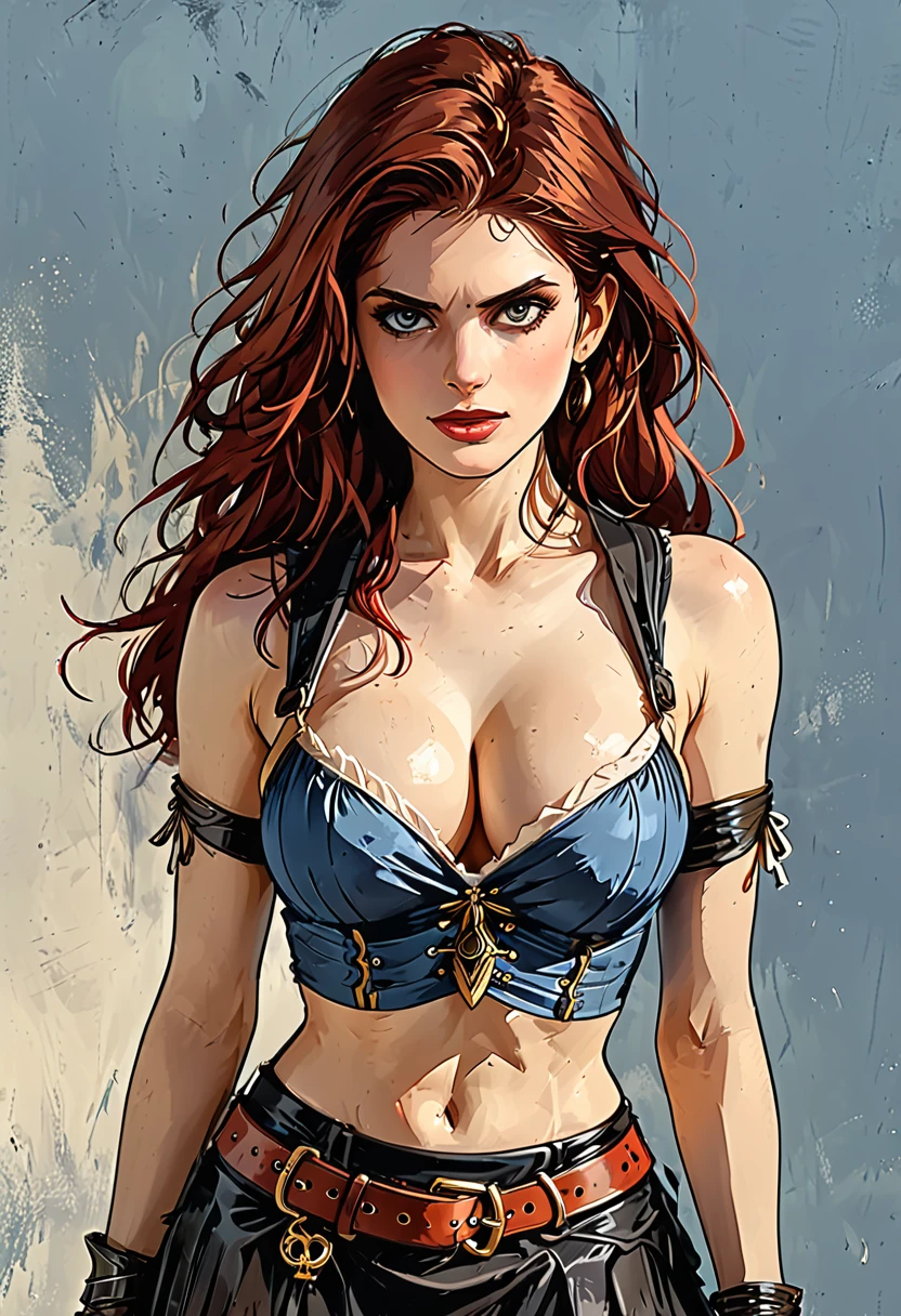 A beautiful sexy woman with long, shiny red hair, a tender face, a warm, friendly look, a fit figure, big breasts, naked, skirt straps, Leader im Fantasy-Style, Sleeveless, bares her waist, a bracelet adorns her wrist, leans back erotically, This character embodies a finely crafted fantasy pirate, exquisiter (Alexandra Daddario:1.2), High Resolution, best quality, highres, Ultra-detail, Finest painting, extremely sensitive, Specialist, anatomically correct, symmetrical face, extremely detailed eyes and face, High quality eyes, creativity, RAW-Foto, uhd, 32k, natural light, cinematic lighting, ​masterpiece-anatomy-perfect, ​masterpiece:1.5. hige ass from behind. white background, full body