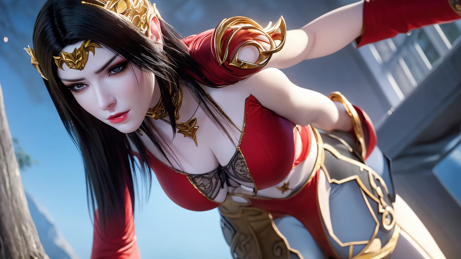 (lifelike, high - resolution:1.3), 1 girl with a perfect body, Super fine face and eyes,slong hair, big boob,Expose cleavage5)), lightning, hyper-realistic graphics, most realistic graphics, 1 girl, alone, solo, Extremely sharp, surreal image.