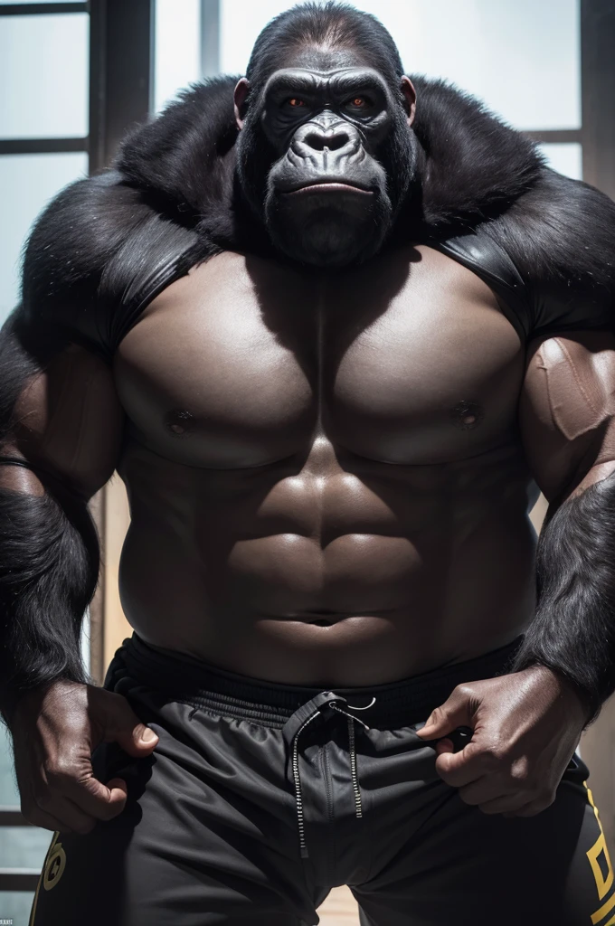 Um gorila silverback lutando kickboxing 