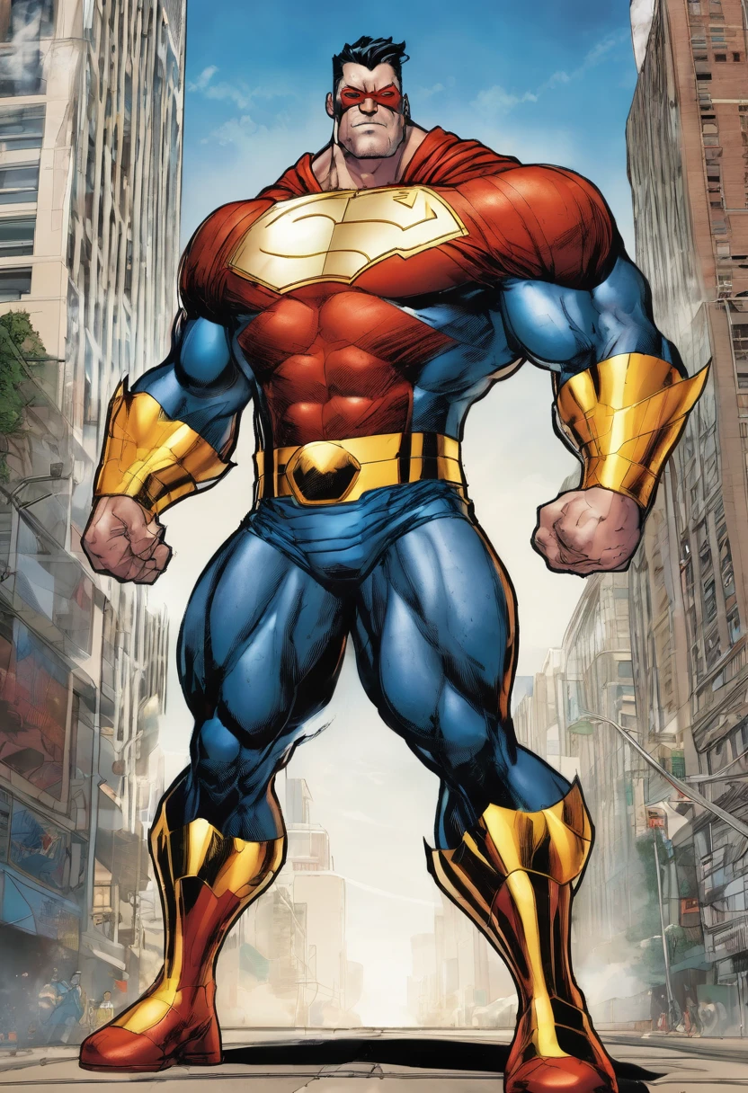 The Giant Guardian, a non-standard superhero with a large physique and thin goatee, sports a vibrant and heroic costume. His confident expression and strong muscles convey power and determination. Despite his unusual appearance, he is the embodiment of heroism, proving that inner strength and kindness are worth more than ripped muscles.