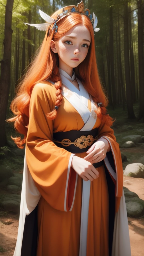 18 years old princess, striking figure, long ginger hair, wavy hairs, fair skin, (freckles), (kolito), innocent and regal appearance, expressive eyes are filled with a mix of curiosity and determination, her slender frame, elegant grace, vibrant orange kimono with white and black decorations, very long ((sleeves past fingers)), sleeves past wrists, feather headdress, in a forest