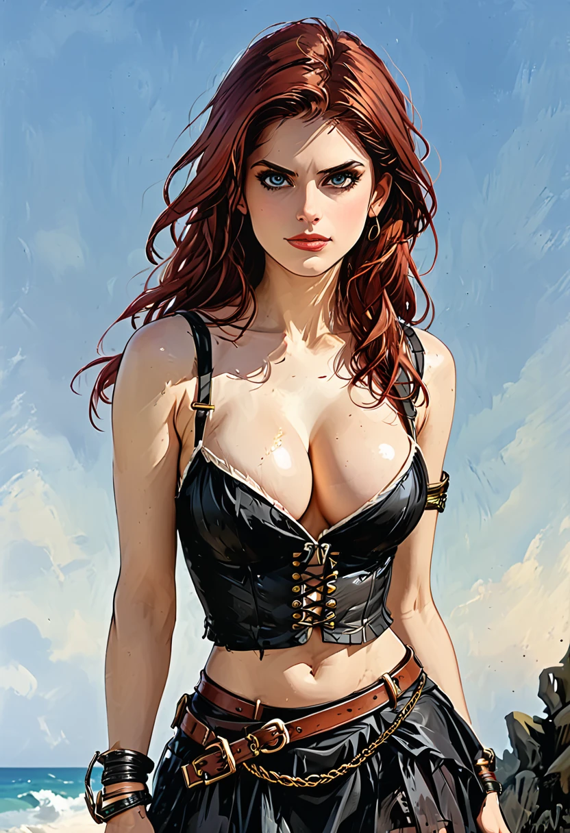 A beautiful sexy woman with long, shiny red hair, a tender face, a warm, friendly look, a fit figure, big breasts, naked, skirt straps, Leader im Fantasy-Style, Sleeveless, bares her waist, a bracelet adorns her wrist, leans back erotically, This character embodies a finely crafted fantasy pirate, exquisiter (Alexandra Daddario:1.2), High Resolution, best quality, highres, Ultra-detail, Finest painting, extremely sensitive, Specialist, anatomically correct, symmetrical face, extremely detailed eyes and face, High quality eyes, creativity, RAW-Foto, uhd, 32k, natural light, cinematic lighting, masterpiece-anatomy-perfect, masterpiece:1.5. hige ass from behind. white background, full body