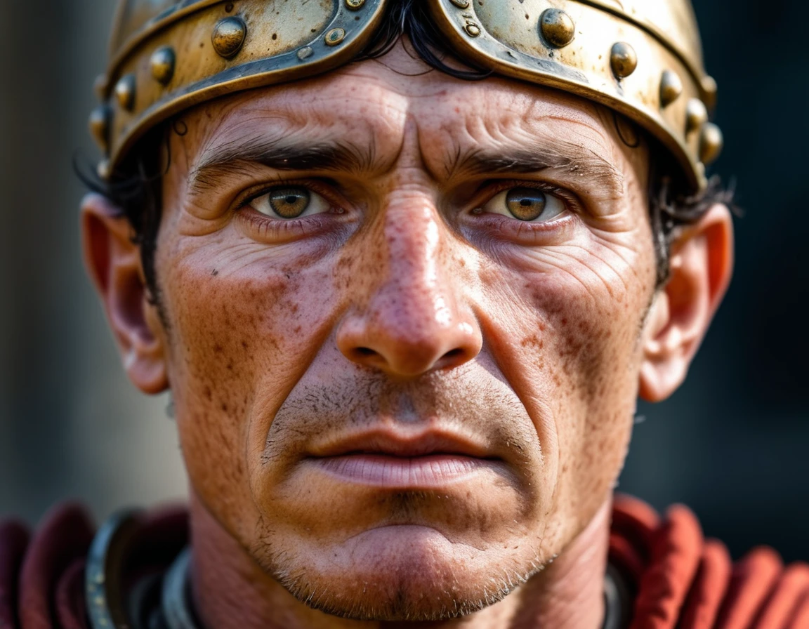 a close-up portrait of a roman general, 100mm f/2.8 macro lens, freckles, skin pores, vellus hair, macro, extreme details, looking directly at the viewer, looking at the camera