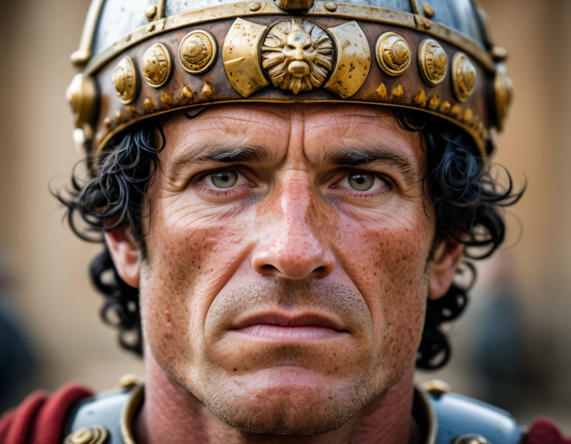 a close-up portrait of a roman general, 100mm f/2.8 macro lens, freckles, skin pores, vellus hair, macro, extreme details, looking directly at the viewer, looking at the camera