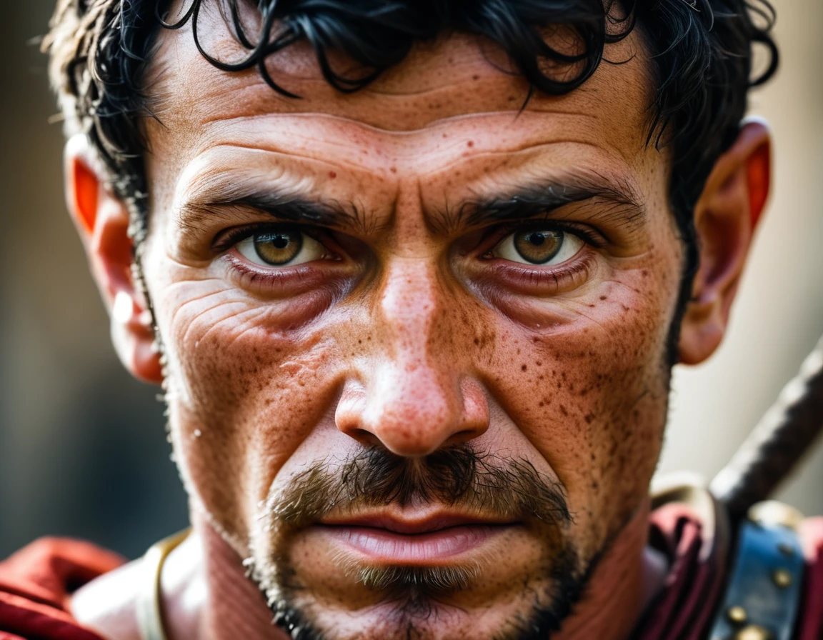 a close-up portrait of a roman general, 100mm f/2.8 macro lens, freckles, skin pores, vellus hair, macro, extreme details, looking directly at the viewer, looking at the camera