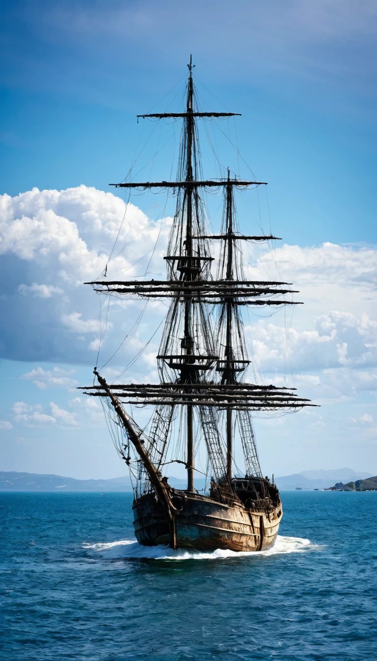 Ghost Ship of Tattered Sails.Calm water of the sea.There's an island nearby.Dark fantasy world view.