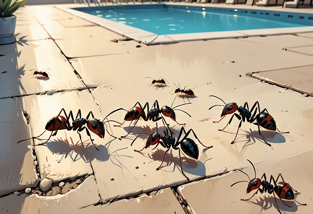 macro close-up dead ants lie on the floor in a hotel near the pool, graphic style of novel comics, 2d,
8k, hyperrealism, masterpiece, high resolution, best quality, ultra-detailed, super realistic, Hyperrealistic art, high-quality, ultra high res, highest detailed, lot of details, Extremely high-resolution details, incredibly lifelike, colourful, soft cinematic light,