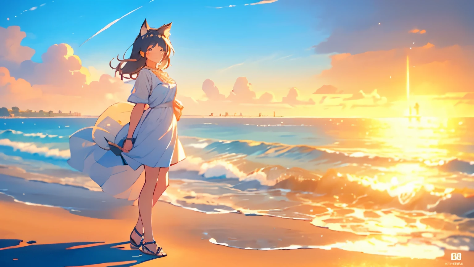 A woman with cat ears standing on a sunny beach. She has a serene smile and the sea sparkles in the background