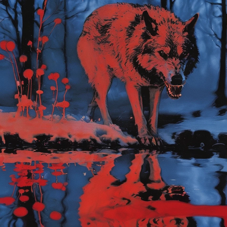 abstract defragment wolf in water, red winter forest background