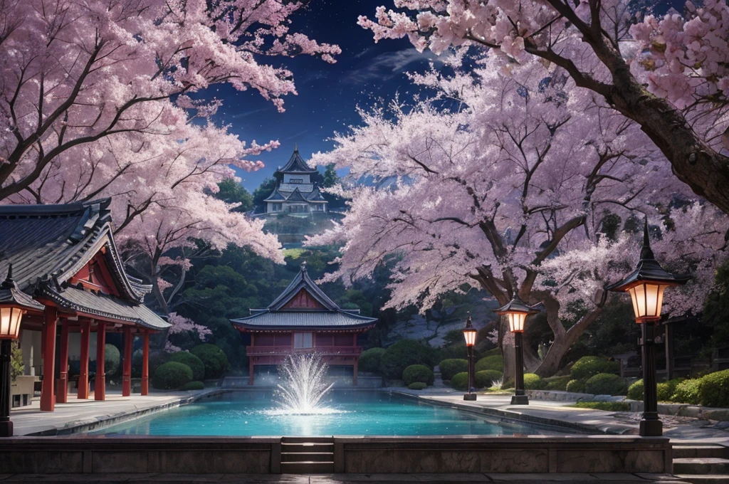 sakura tree, japanese castle, fountain, purple lighting, HDR, 4k resolution