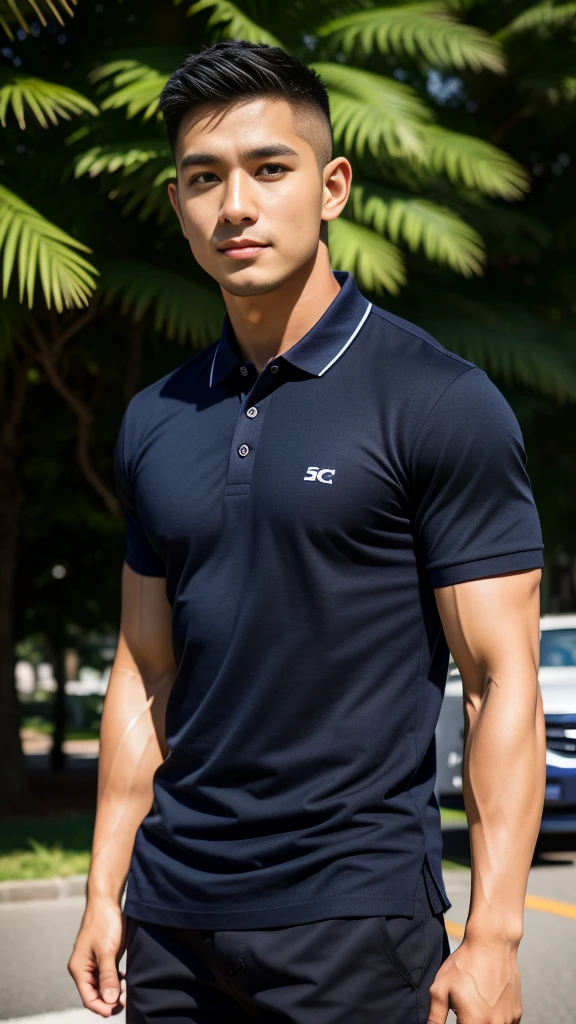 (Create a masterpiece: 1.2),(CGI art:1.3),(realistic:1.5),(After processing:1.3),(Sharp focus:1.3),10,1 man, smile, (Wear a dark gray polo shirt.), Navy cargo pants, Korean guy , korean men, (High gloss details), chest muscles, large arm muscles, blood vessel, Big muscles, Broad shoulders, looking at the audience, Balancing the eyes, In the middle of the road in the capital