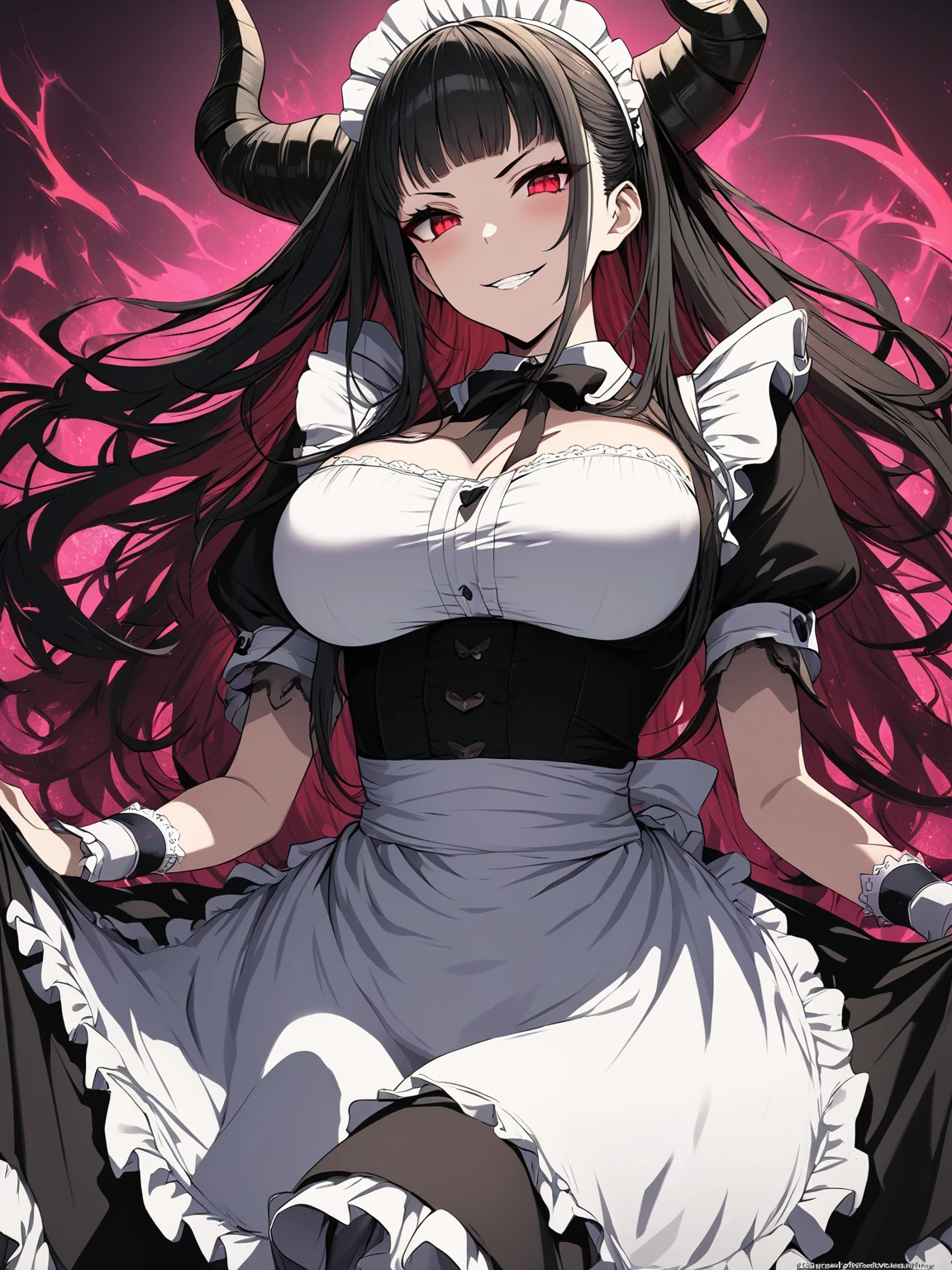 Masterpiece, very detailed, ultra detailed, one, (1 female maid), she's in a maid costume, long black hair with a shade of brown and crooked bangs, black demonic horns, beautiful, charming, bright and light red eyes, elegant, large breasts, bold and angry smile, charming, against the background of black magic.