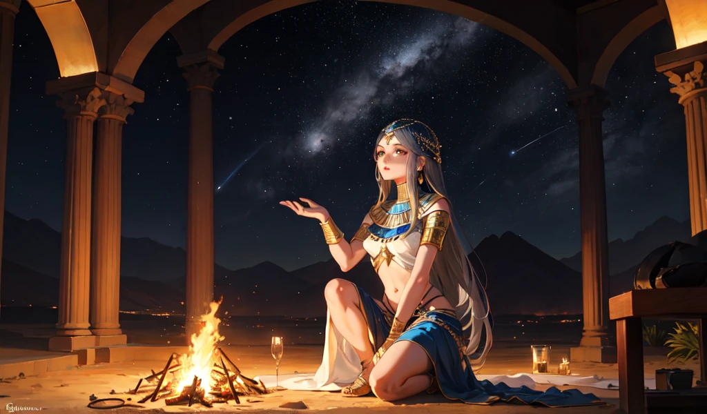 ((Highest quality)), ((masterpiece)), (detailed), Beautiful Egyptian woman having a bonfire in the desert at night,The starry sky is so beautiful。Mysteries of the Universe,There are ruins around,Gray Hair,Gold ornaments,sexy