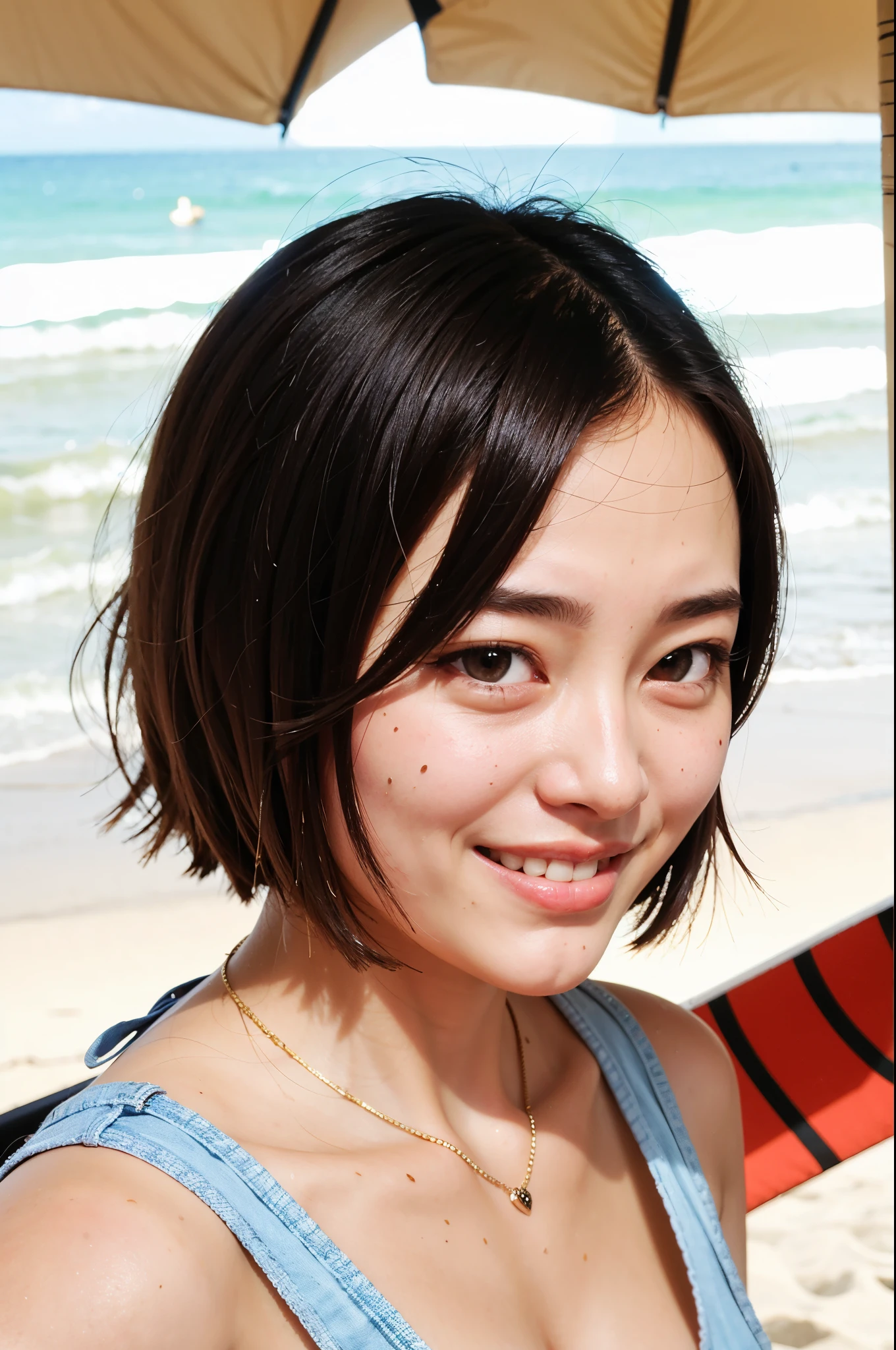 4k, Top quality, 1 beautiful woman, super short Hair, shy-smile, Sunlight, at beach, from side