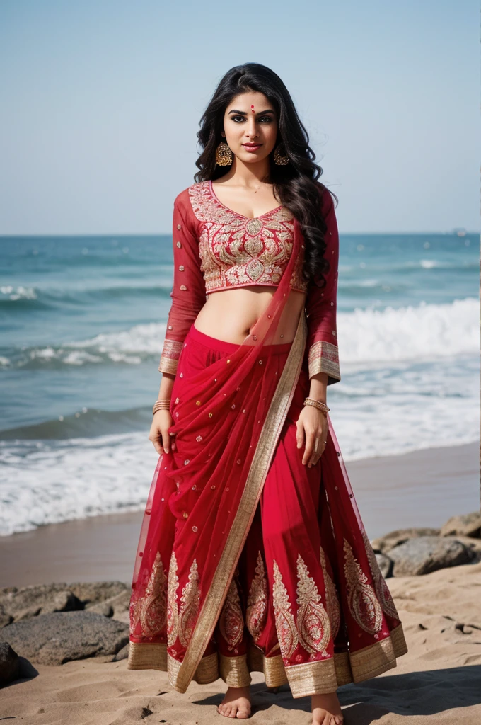Indian cute 30 years old unmarriage women life like, high - resolution women with a perfect figure Super fine face and eyes, slong hair, Arya Stark (highly detailed face), eyes symmetry, face symmetry, in the beach, smirking, playful teasing sassy poses for adults only magazine, (wearing vibrant color trendy designer choli long skirt), round deep navel, evening sky, wave tides, HDR, hyper realistic
