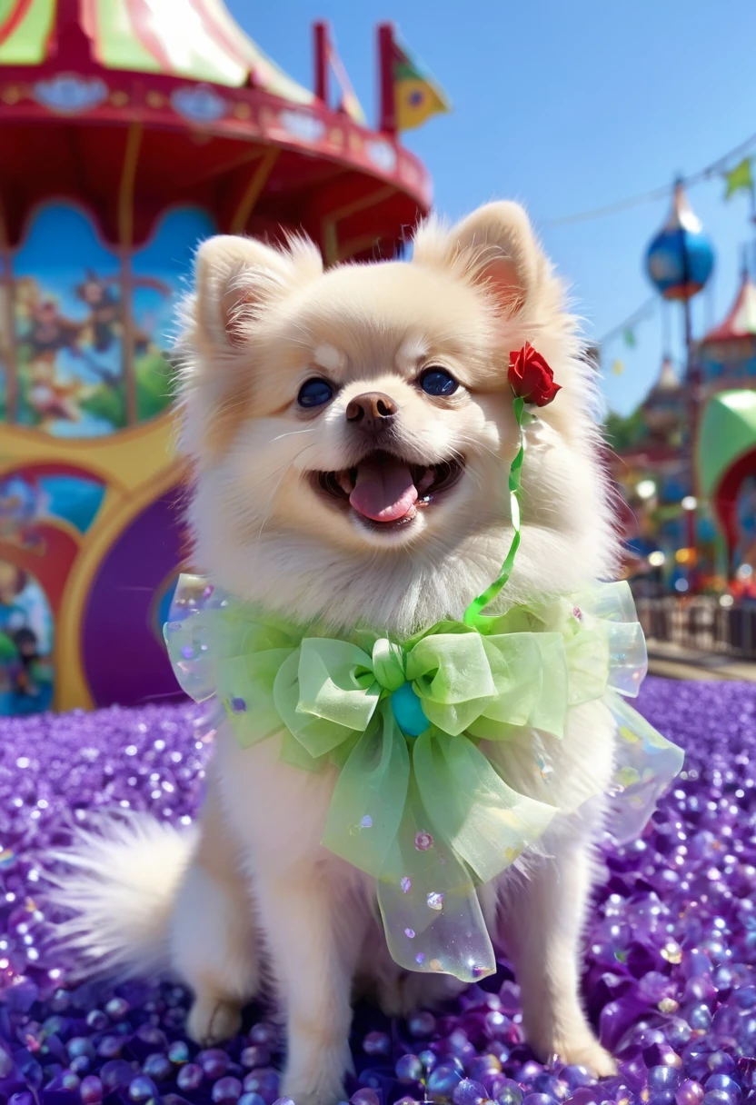 Cute baby pixar style round blue and red Pomeranian baby, brat, Have cute ears, Happy laughter, Purple water eyes, With light green fairy rose sea, background, in the sun, Fairy tale world, HD Dinis, Super Detail, Wearing a beautiful garland, Play with dad at the amusement park,