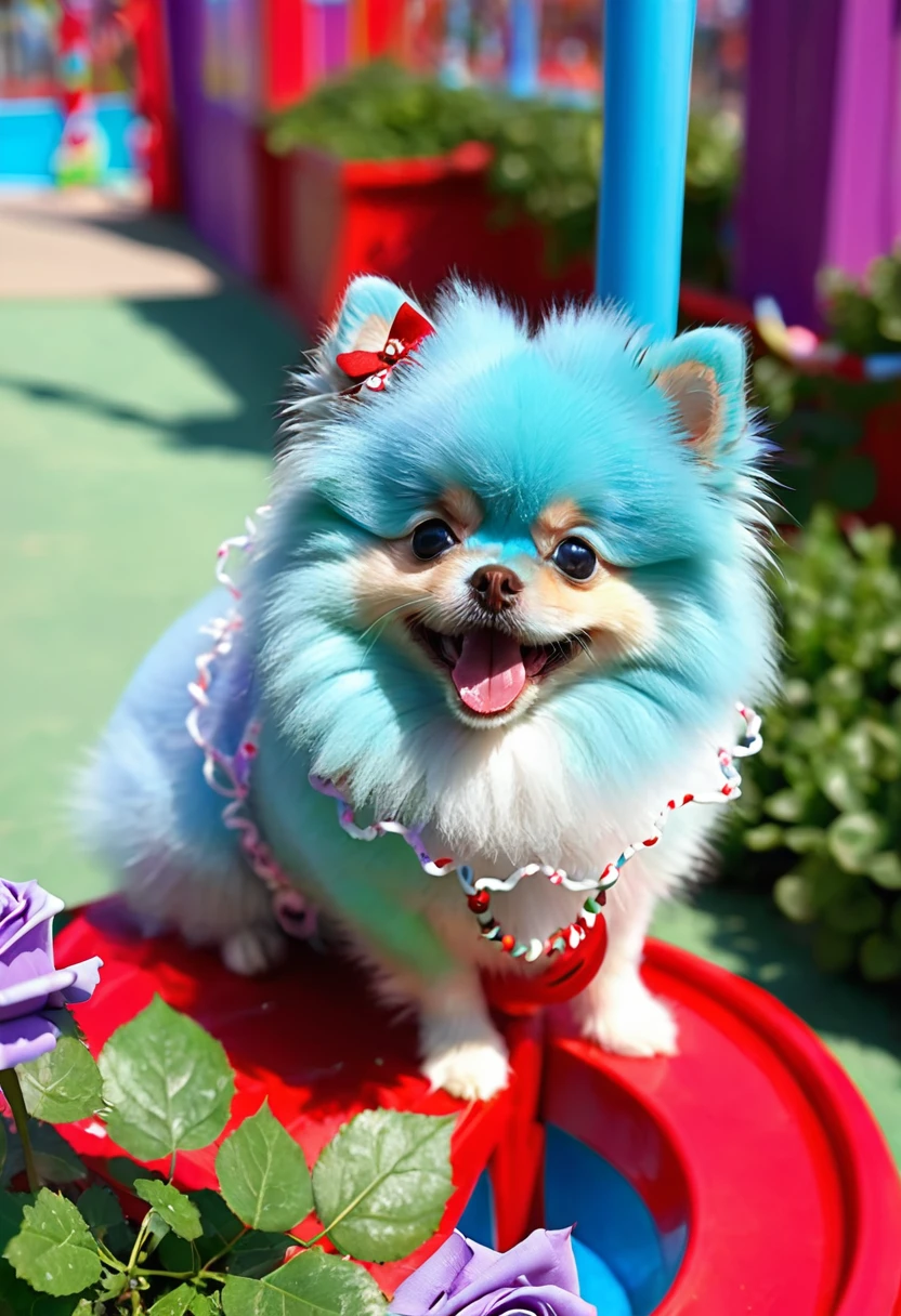 Cute baby pixar style round blue and red Pomeranian baby, brat, Have cute ears, Happy laughter, Purple water eyes, With light green fairy rose sea, background, in the sun, Fairy tale world, HD Dinis, Super Detail, Wearing a beautiful garland, Play with dad at the amusement park,