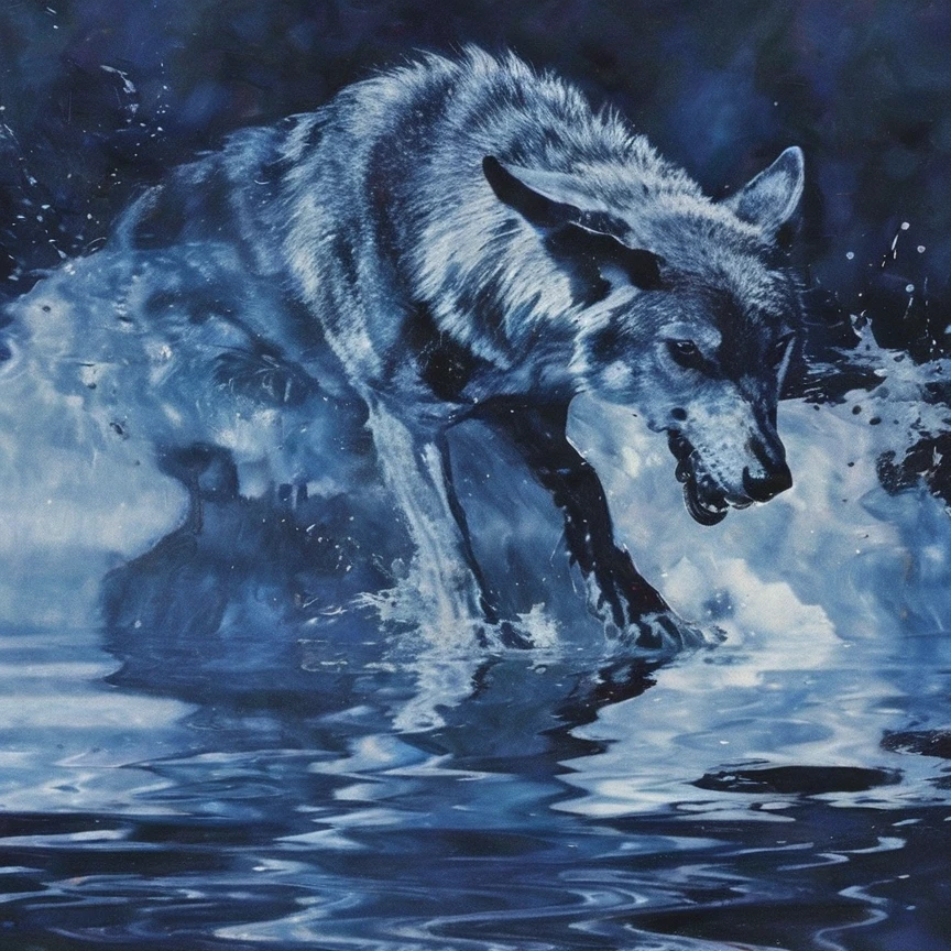 abstract defragment wolf in water, blue background