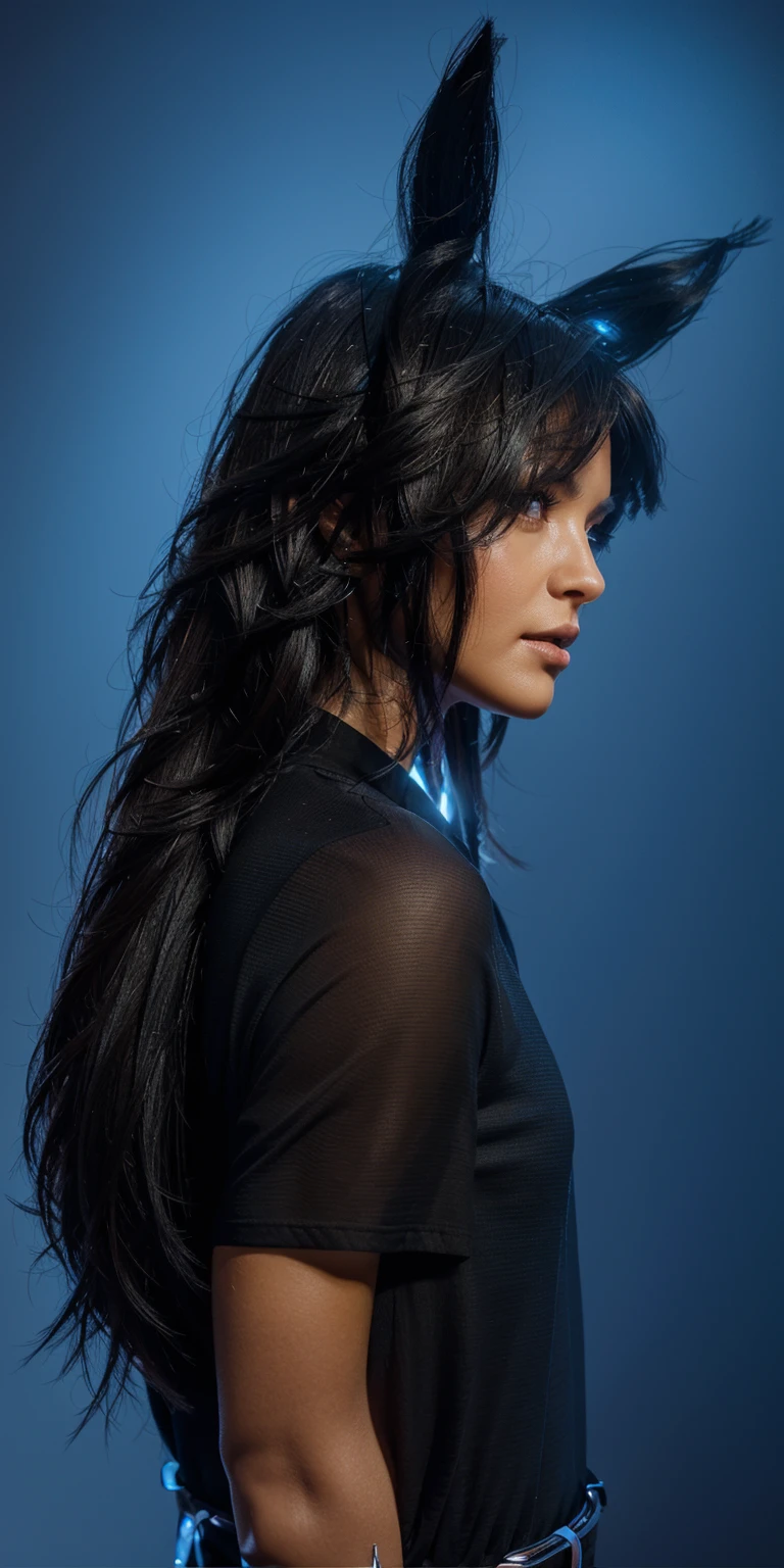 The image shows a woman with black hair and a black shirt looking to the right. She appears to be frowning, smooth 3d model, glossy plastic texture, multiple light sources, rim light, sharp post effects render, most beautiful vfx, , realistic, 4k, high resolution, rim light, smooth 3d model. , glossy texture, smooth 3d model, multiple light sources, rim light, sharp post effects render, (glossy plastic texture with multiple big light probe refractions), perfect cgi, reflective, best quality, 4k, masterpiece:1.2, ultra-detailed, realistic, vivid colors, The image of the highest quality, ensuring every detail showcased perfectly. It in 4k resolution, allowing viewers to immerse themselves in the richness of the colors and intricate details. The realistic rendering. under the spotlight, reflecting, high-resolution image, realistic rendering