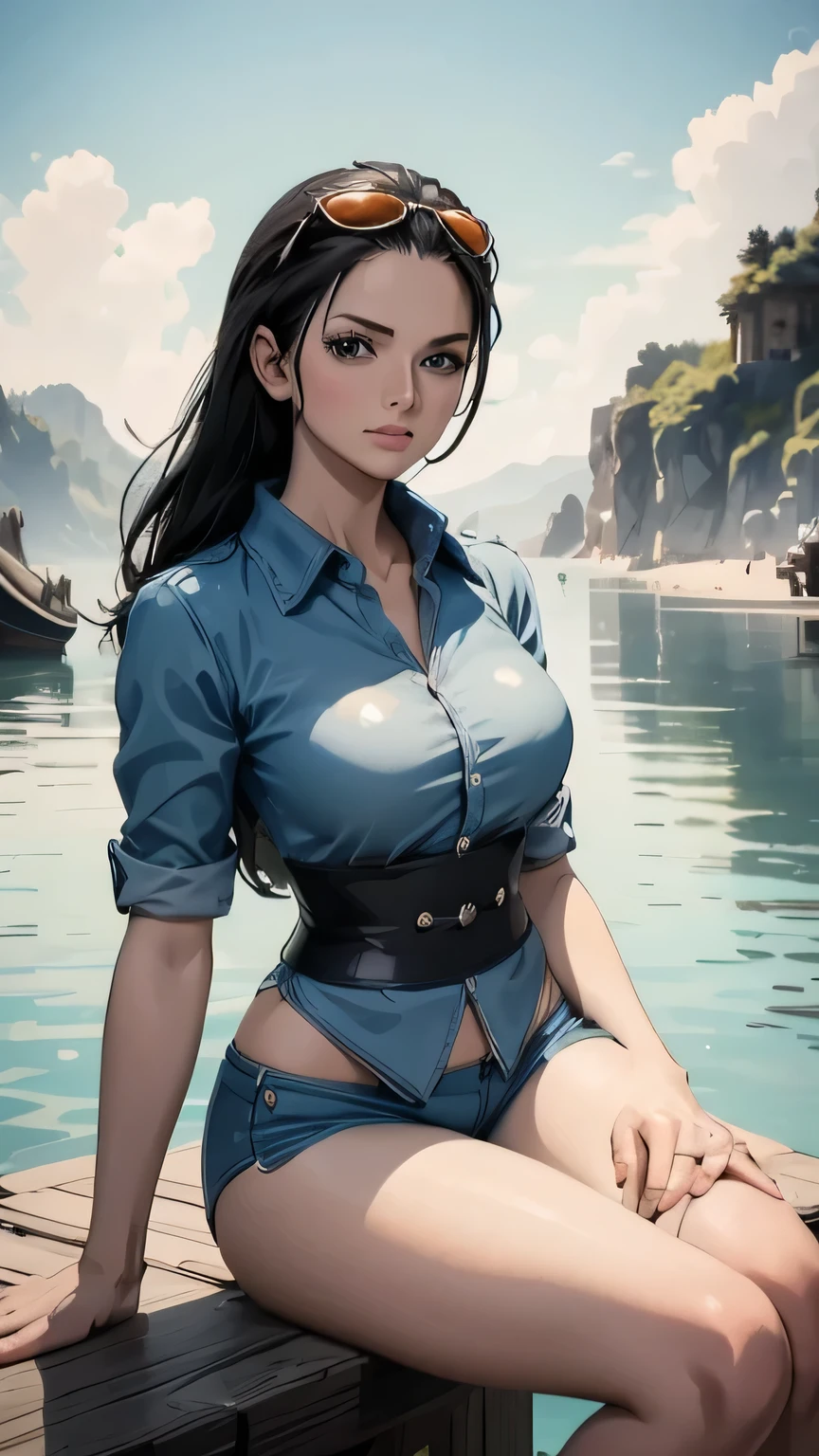 ((top-quality, 8K, masterpiece:1.3)), A detailed eye, (looking at from the front), Look at the camera, ((Everything is sparkling、reflecting light:1.2)), (Best Ratio: 4 fingers, 1 thumb), (portrait), 1 person, Nico Robin ((one piece)), Beautiful woman with perfect body, Highly detailed facial and skin texture, sexy posing, outdoor, city times square, wearing a short skirt, wearing accessories on head, wearing a purple jacket, all fingers pointing at