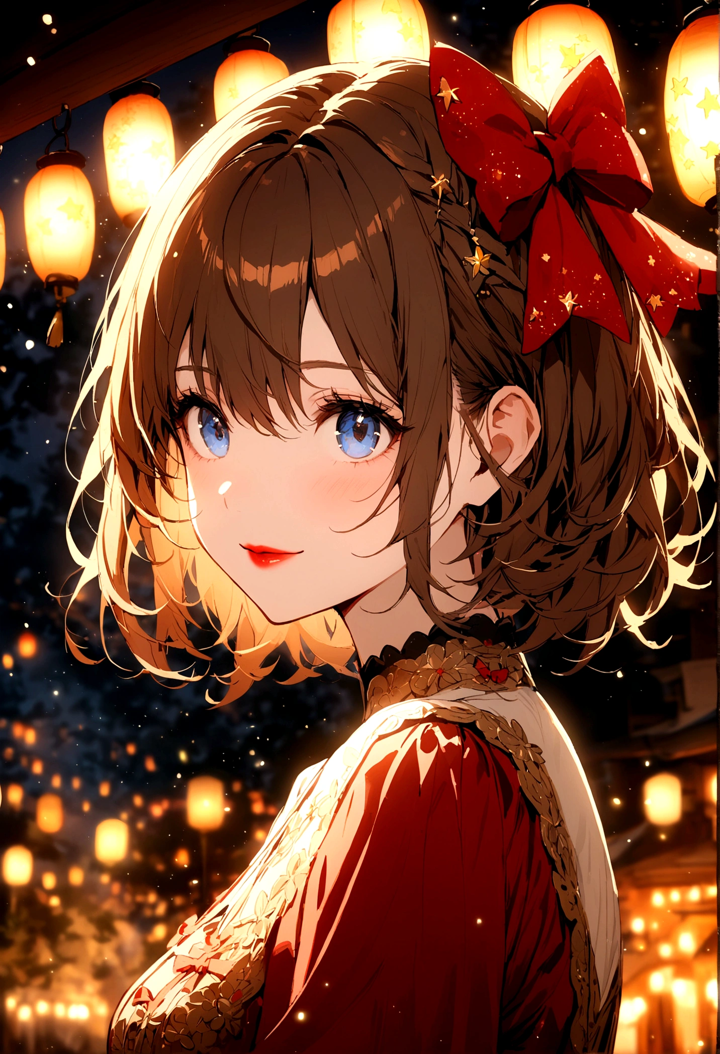 (extremely delicate and beautiful: 1.2), 1girl, bangs, blue eyes, blur, blur background, bow, brown hair, shut up, side view, hair between eyes, hair bow, lantern, light particles, long sleeves, look looking at audience, medium hair, night, red bow, solo, stars(symbol), upper body, smile, red lips
