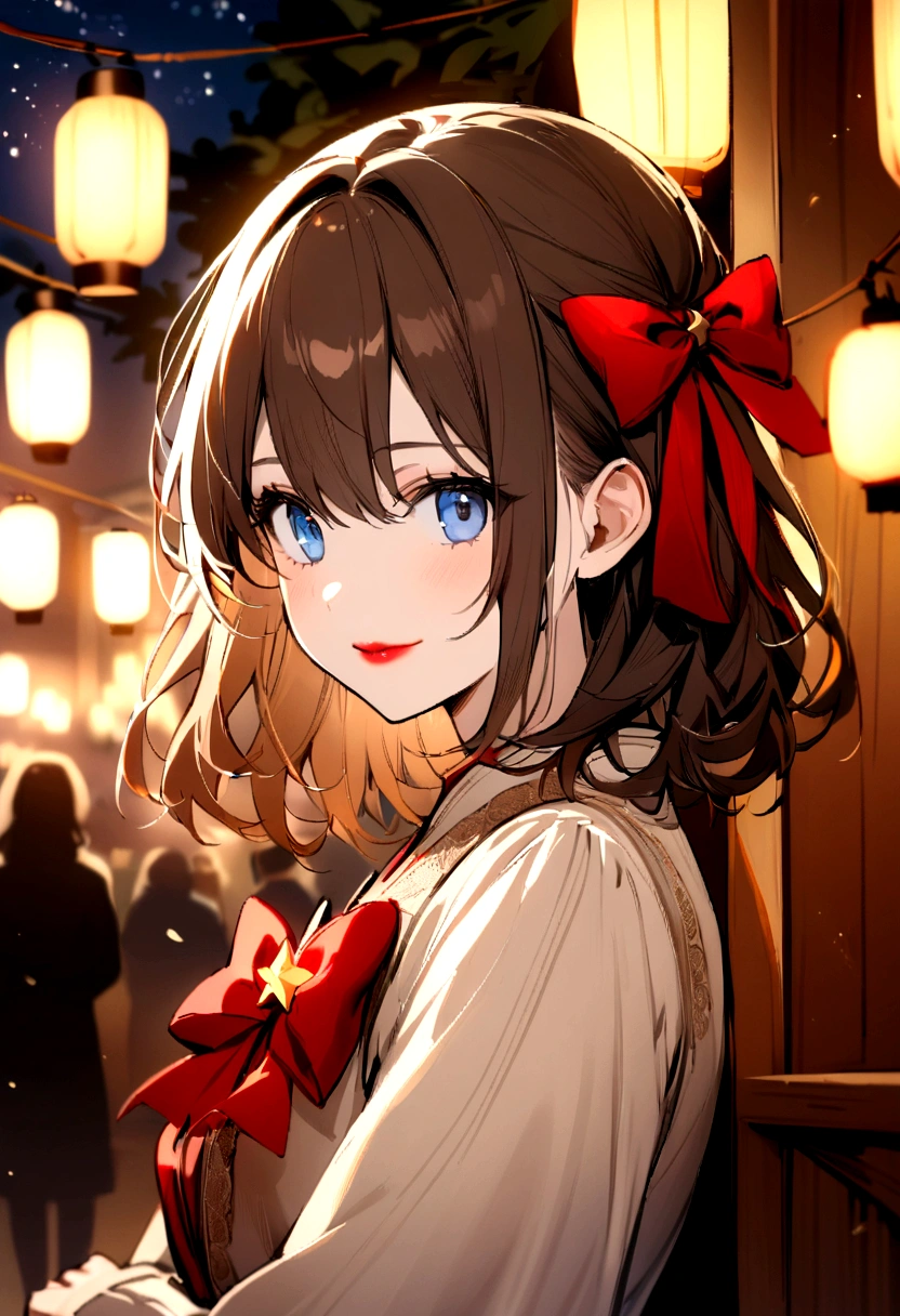 (extremely delicate and beautiful: 1.2), 1girl, bangs, blue eyes, blur, blur background, bow, brown hair, shut up, side view, hair between eyes, hair bow, lantern, light particles, long sleeves, look looking at audience, medium hair, night, red bow, solo, stars(symbol), upper body, smile, red lips