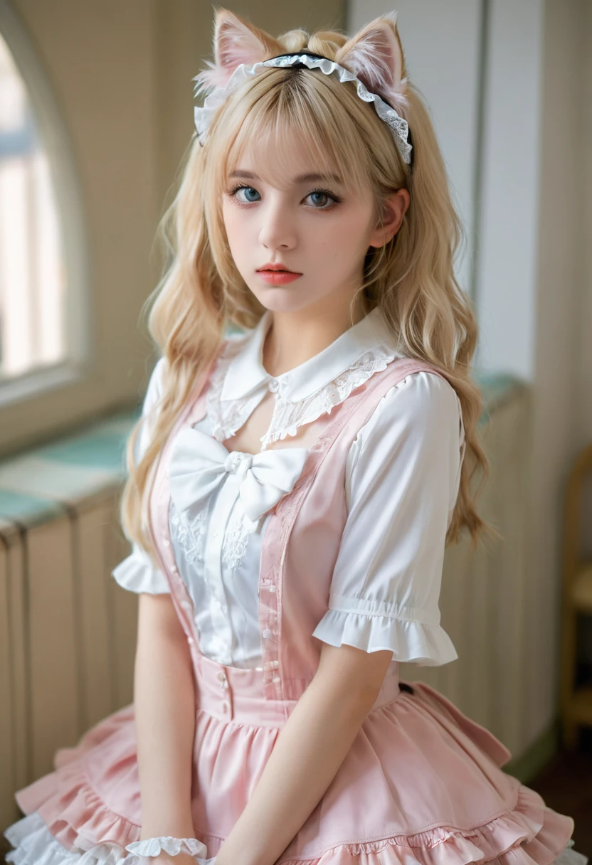 Exquisite details, 8k Photo, Surrealism, Professional lighting, Realistic background, Visual Depth, blur background, Wide-angle lens, whole body, (13 years old, Lovely, Change, flat chest, Cat ears), 1 Girl, Colored eyes, Blonde hair, (Lolita Fashion: 1.5), (Lace, Ruffled shirt, White petticoat, sports shoes), (Plush Toys), pink Lovely backpack, street, Fashion