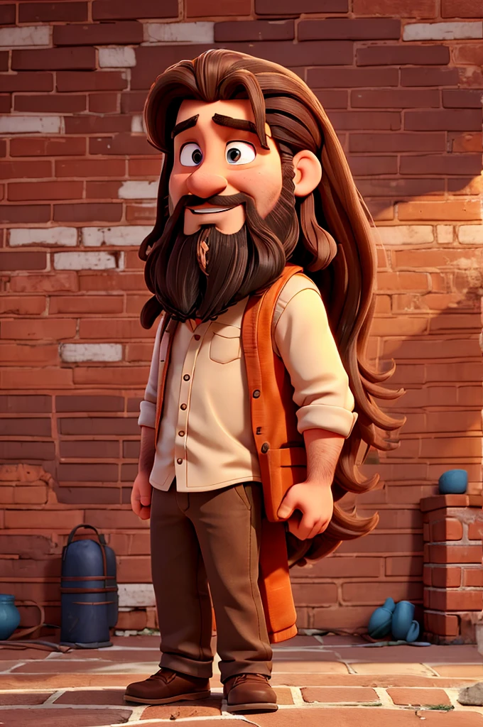 a man with long hair and a beard against a background of orange brick walls