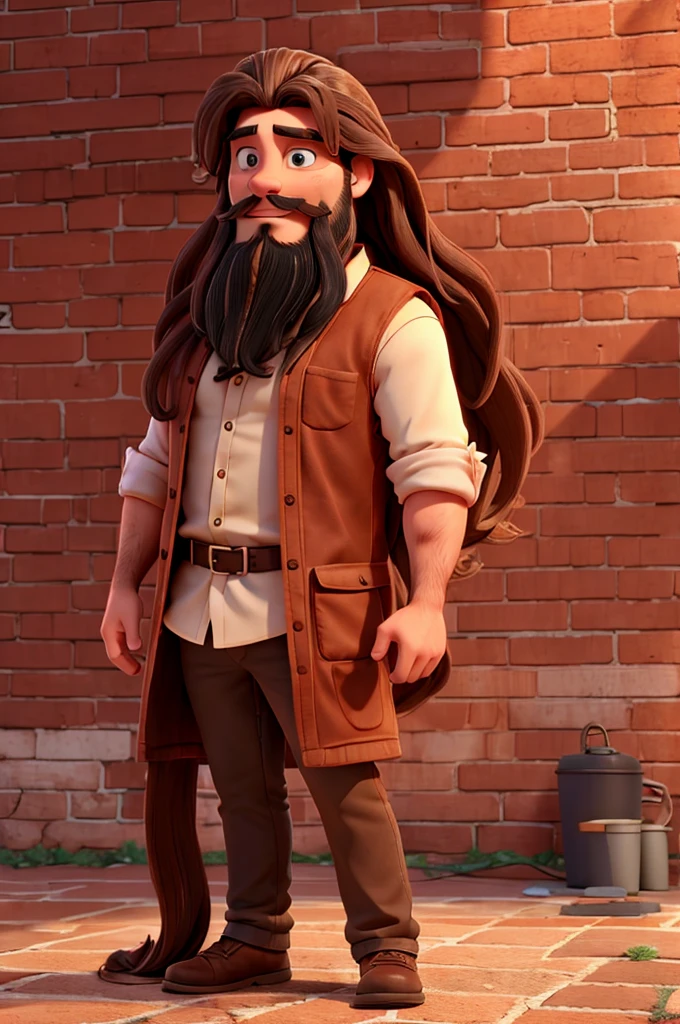 a man with long hair and a beard against a background of orange brick walls