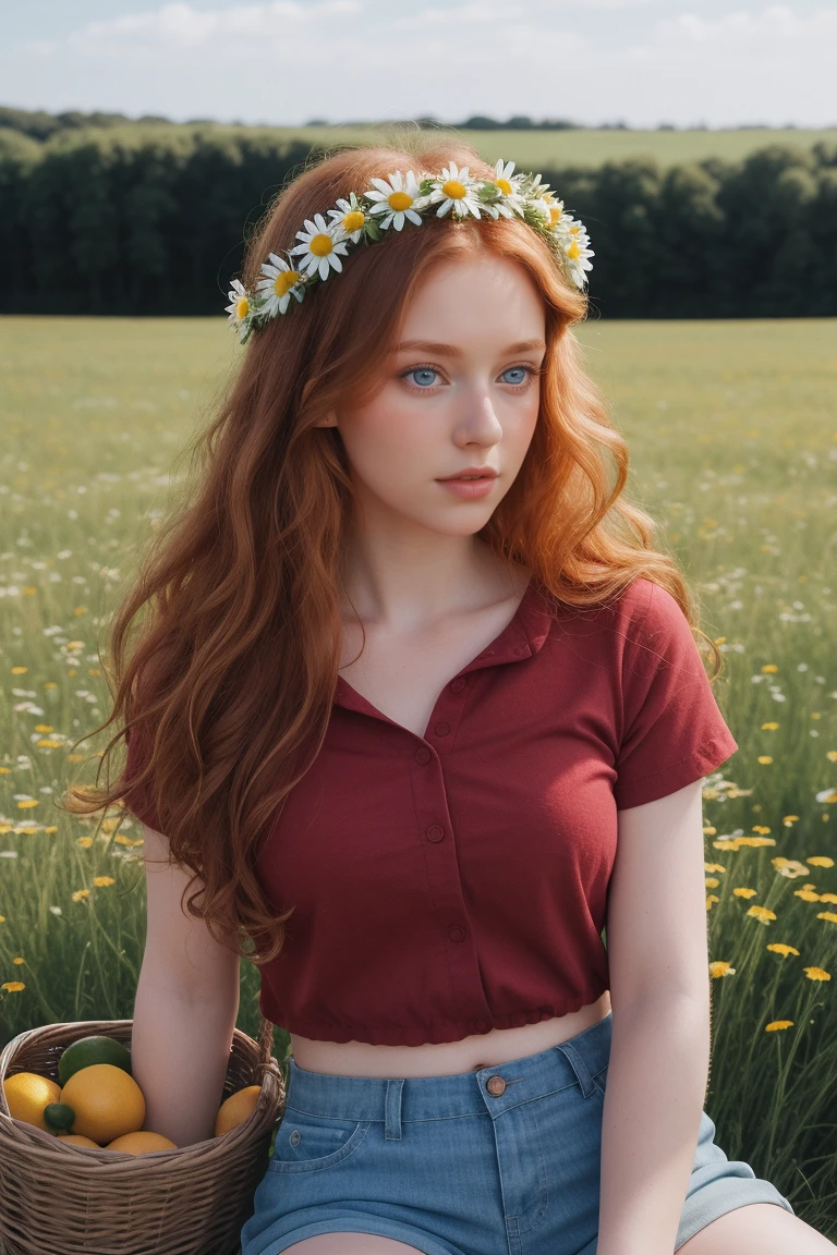 (girl:1.2),alone, (long ginger curly hair:1.1), blue eyes, Wearing a daisy wreath on your head, Sit in a daisy field, (fruit basket:1.1), blue shorts, red shirt,,raw,photographic,photo shadows,actual,Ridiculous,Aesthetic,elegant,european
