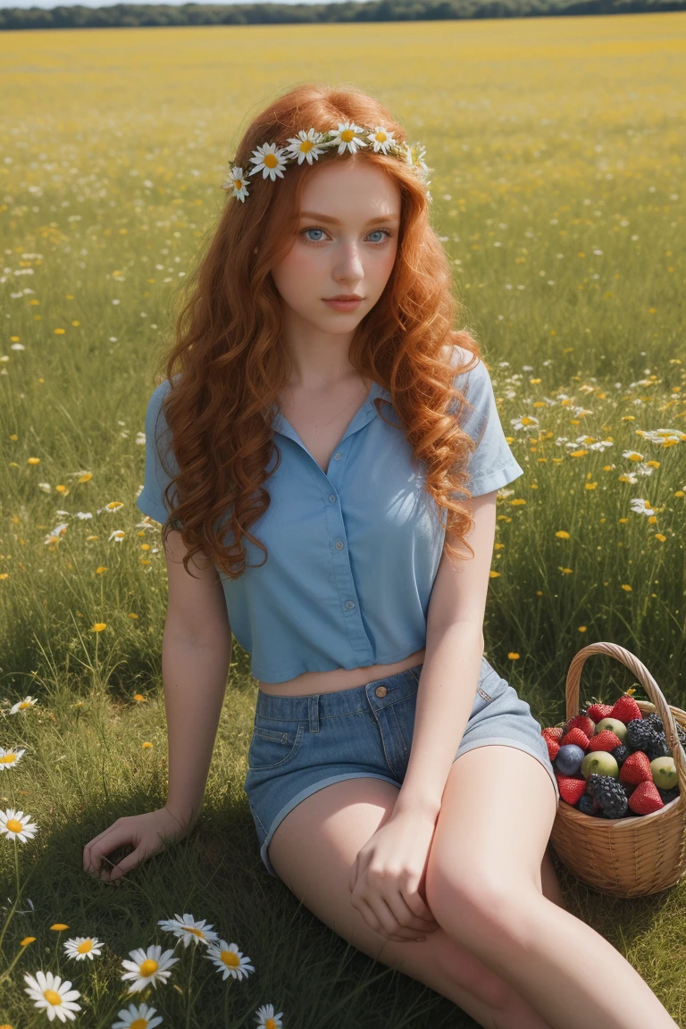 (girl:1.2),alone, (long ginger curly hair:1.1), blue eyes, Wearing a daisy wreath on your head, Sit in a daisy field, (fruit basket:1.1), blue shorts, red shirt,,raw,photographic,photo shadows,actual,Ridiculous,Aesthetic,elegant,european