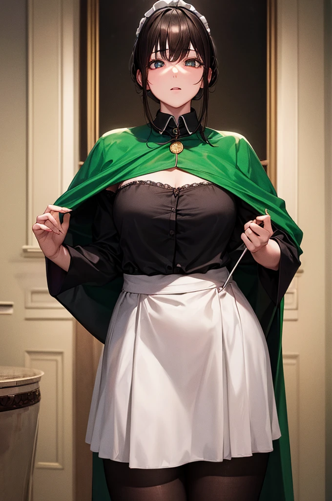 masterpiece, Highest quality, One girl, alone,  Cruciform pupil, Maid clothes, Green Cape, Are standing、Cowboy Shot、